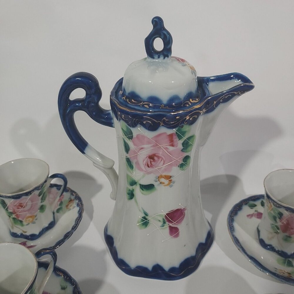 Nippon Hand Painted CHOCOLATE POT Cobalt Blue Gold Florial 12pc Set Antique - Picture 5 of 16